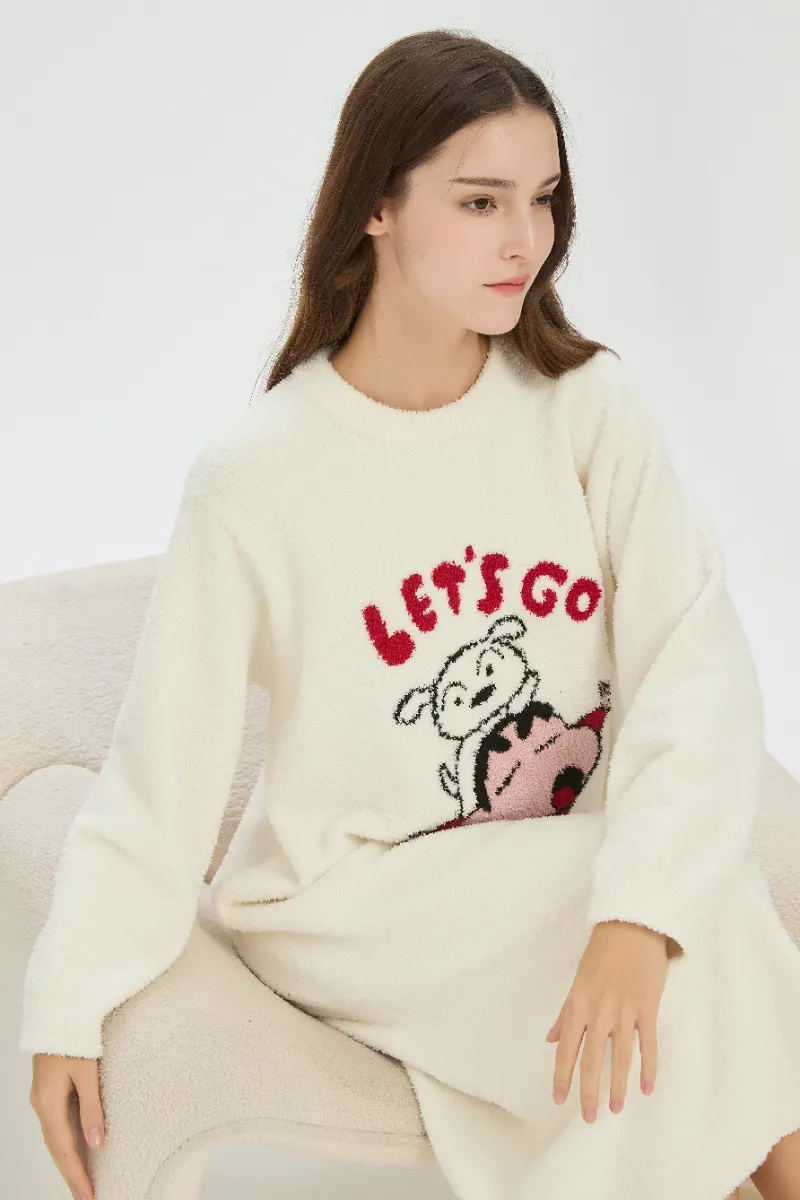 Beige-Colored Flannel Nightdress for Women